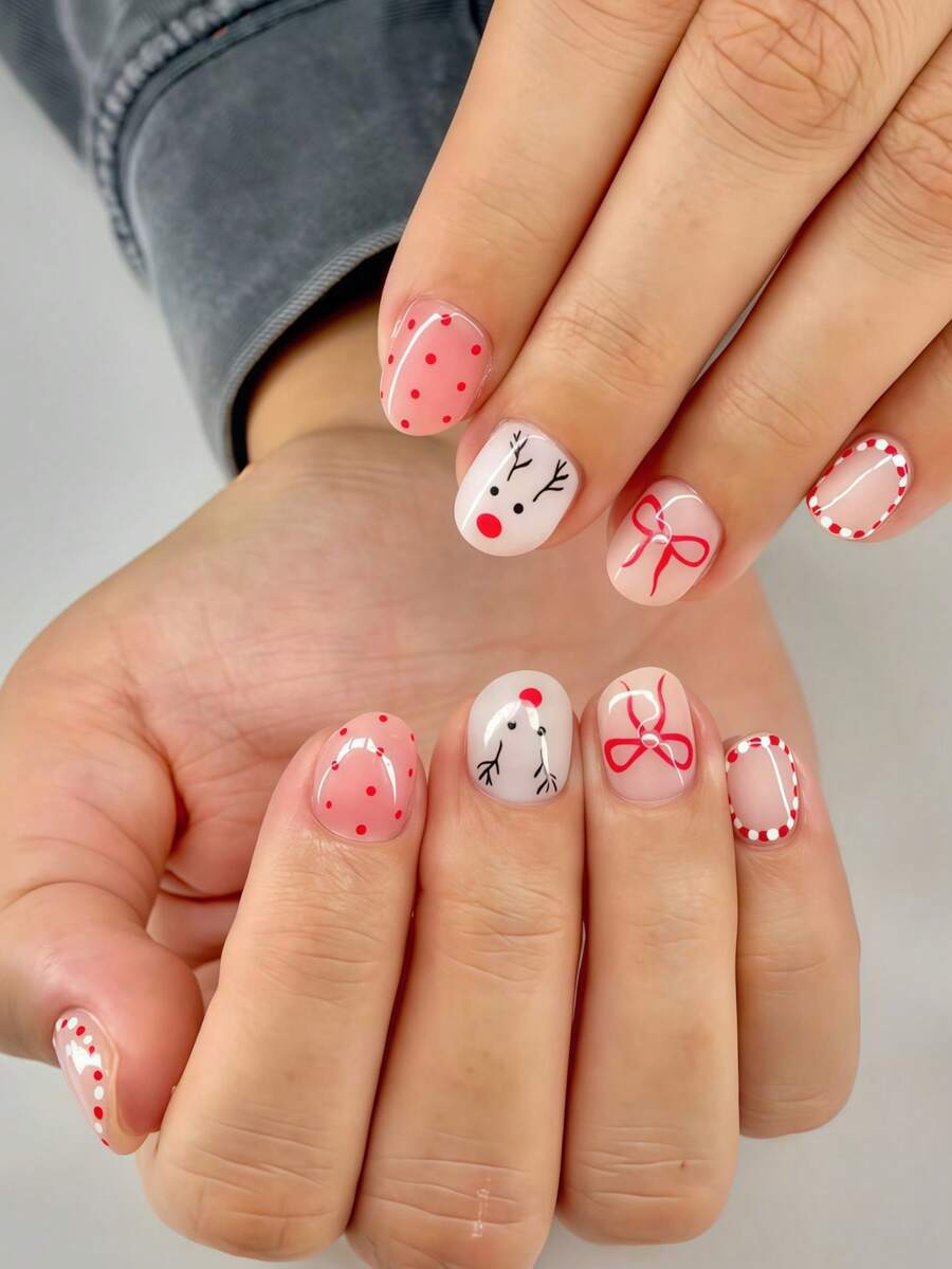 24pcs Short European Square Fake Nails, Christmas Bowknot, Reindeer, And Polka Dot Press-On Nails, Full Coverage And Removable Nail Set, Perfect For Parties, Proms, And Everyday Wear. - Multicolor - View 1