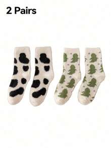 2 Pairs Cute Cow Pattern Plush Round Neck Fluffy Socks, Thick Warm Coral Fleece Socks, Soft & Comfortable, Suitable For Daily Wear, Holiday, Winter Home Warmth, Cozy & Caring - Multicolor - View 15