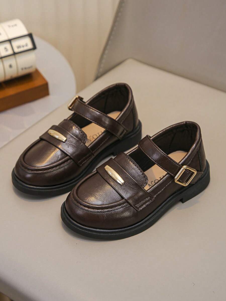 1 Pair Girls' Rhinestone Decor Synthetic Fabric Non-Slip Round Toe Buckle Strap Low Chunky Heel Mary Jane Shoes, Suitable For School Daily Wear - Brown - View 1