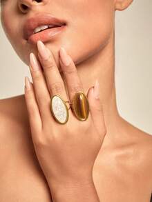 Altistry 2pcs 18K Gold Plated Stainless Steel Ring Set, Oval Brown Tiger Eye Stone And Milky White Stone Rings, Exaggerated And Elegant - Yellow Gold - View 7