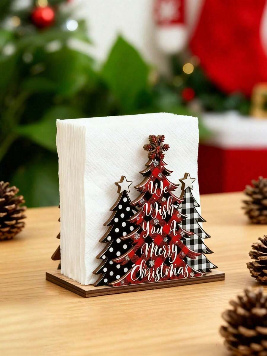 1pc Rustic Christmas Table Centerpiece - Elegant & Striped Design With Red & Golden Accents, Wooden Napkin Holder For Kitchen, Dining, Bathroom - Perfect Holiday Decor For Home, Hotel, Office, Christmas Decorations - Multiple Styles - View 1