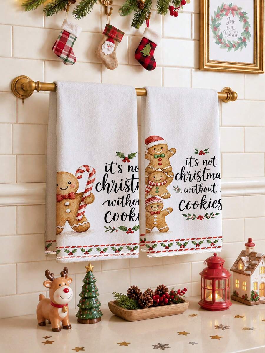 2pcs Cute Gingerbread Man Pattern Kitchen Towels, Soft Polyester Dish Cloths, Suitable For Kitchen Decor, Kitchen Cleaning, Holiday Party Decoration, Kitchen Bathroom Supplies Home Essentials, Home Decor, Housewarming Gift - Multicolor - View 1