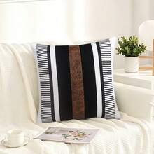 1pc Modern Minimalist Black White Brown Vertical Stripe Patchwork Pillow Case, Faux Leather Decor Geometric Line Pattern Square Decorative Cushion Cover, Suitable For Sofa Bedroom Farmhouse Style Home Decor, Pillow Insert Not Included - Black - View 3
