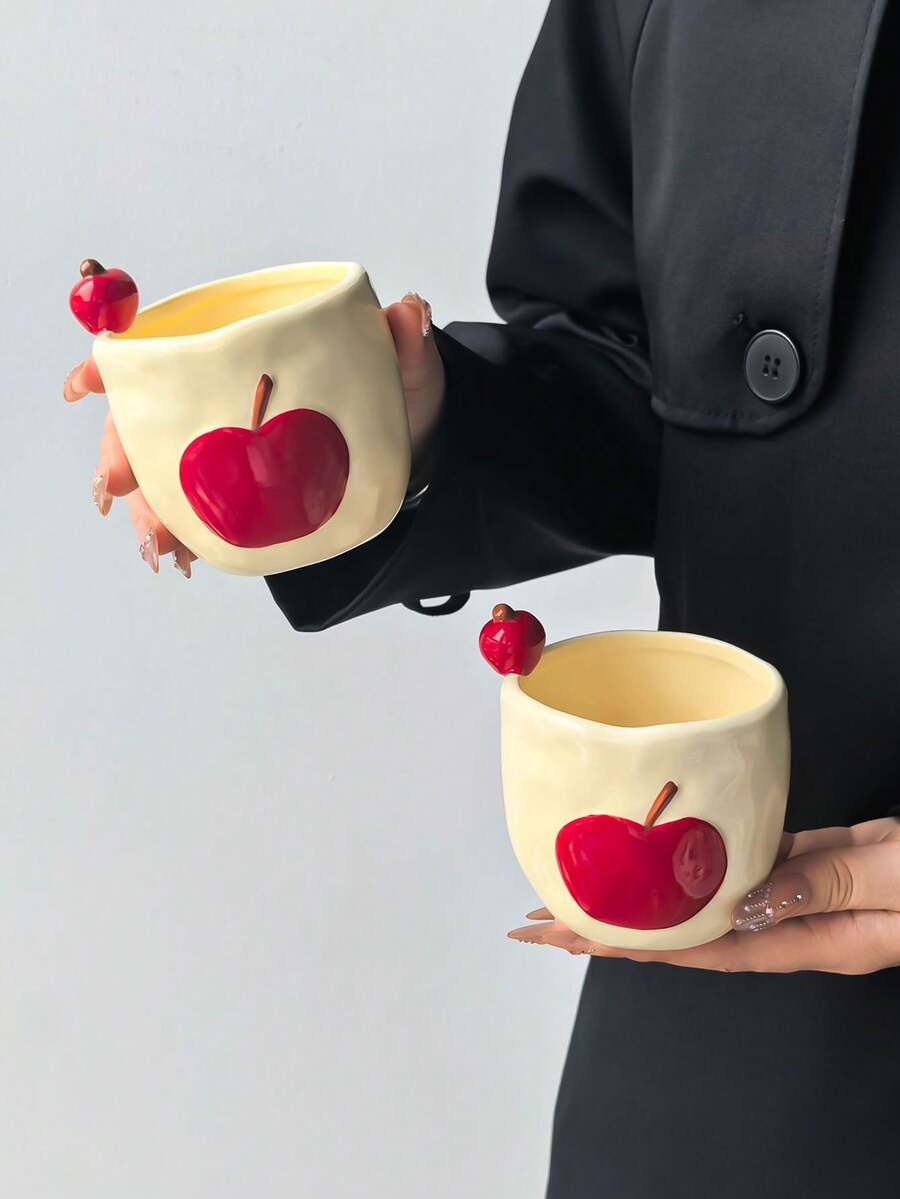 1pc Cream Style Handheld Coffee Mug, Creative Personalized Home 3D Embossed Red Apple Ceramic Cup, Minimalist Cute, Suitable For Brewing Coffee, Tea, Daily Water Cup, Latte Art, Dishwasher , Gift