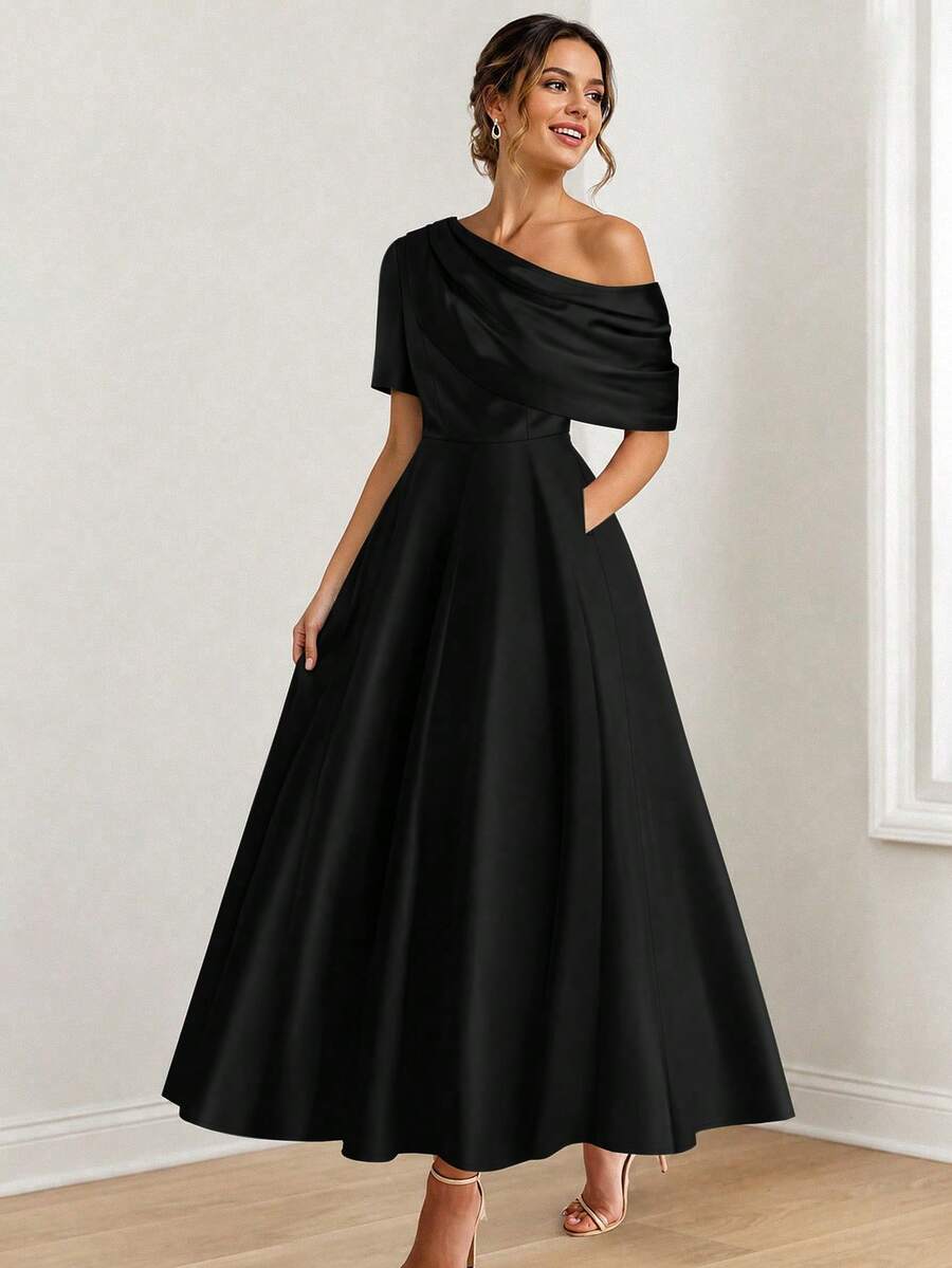 Women's Elegant Solid Color Satin Asymmetrical Shoulder Short Sleeve A-Line Fashion Minimalist Dress - Black - View 1