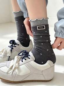 Mid-Calf Socks, Spring/Autumn Ballet Style Lace Socks, Women's Polka Dot Fashion Fabric Label Ins Minimalist Ruffle Stacked Socks - Multicolor - View 2