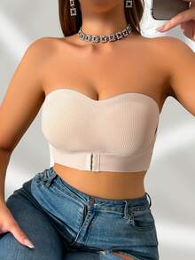 2pcs/Set Multi-Color Ribbed Front Closure Women's Bra, Wireless Bandeau Style Bralette, Front Hook Thick Padded Push-Up Lingerie - Multicolor - View 5