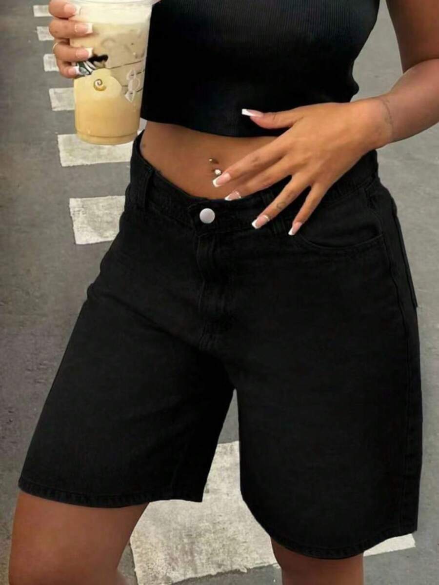 Teen Girls Vintage Black Wide Leg Denim Bermuda Shorts Casual Loose Fit - Black - View 1