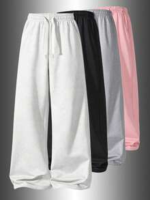 Women's Casual Knitted Wide Leg Sweatpants, Long Loose Straight Leg Elastic Waist Drawstring Pockets, Soft Daily Home Pants, Sweatpants, Spring/Autumn - Light Grey - View 8