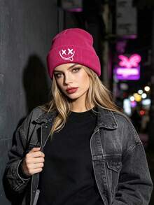 1pc Unisex Multi‑Color Cuffed Knitted Beanie Hat, X‑Eyes Smiling Face Graphic Print, Soft Warm Fall Winter Headwear, Versatile Casual Cap For Outdoor - Multicolor - View 8