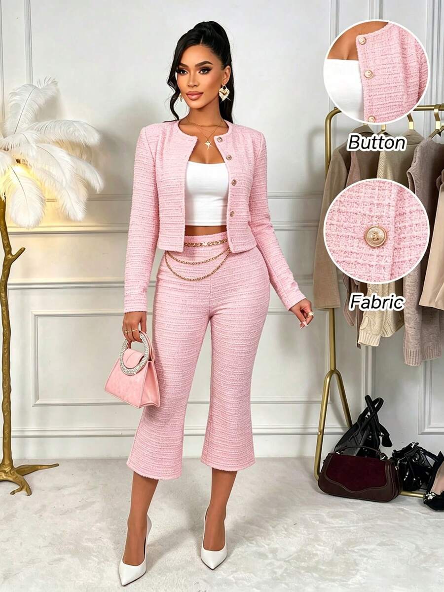 AIJ Setelan 2 Potong Wanita Elegan Musim Gugur Warna Pink, Jaket Pendek/Blazer Kancing Depan dan Celana Lebar, Cocok untuk Jalan-jalan, Sehari-hari Kasual, Perjalanan Bisnis, dan Liburan. - Berwarna merah muda - View 1