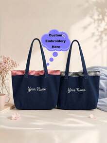 Personalized Embroidered Custom Korean Style Vintage Artistic Tote Bag, Denim Bag Large Capacity Handbag New Fashion Plaid College Student Class One Shoulder Commuter Bag - Multicolor - View 5