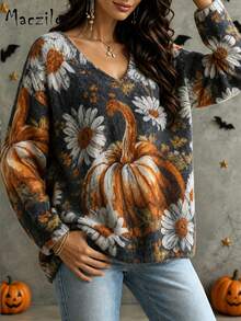 Plus Size Autumn/Winter 3D All-Over Print Halloween Commuter Sweater, Loose Fit Flattering V-Neck Long Sleeve Knit Pullover Top - Color - View 1