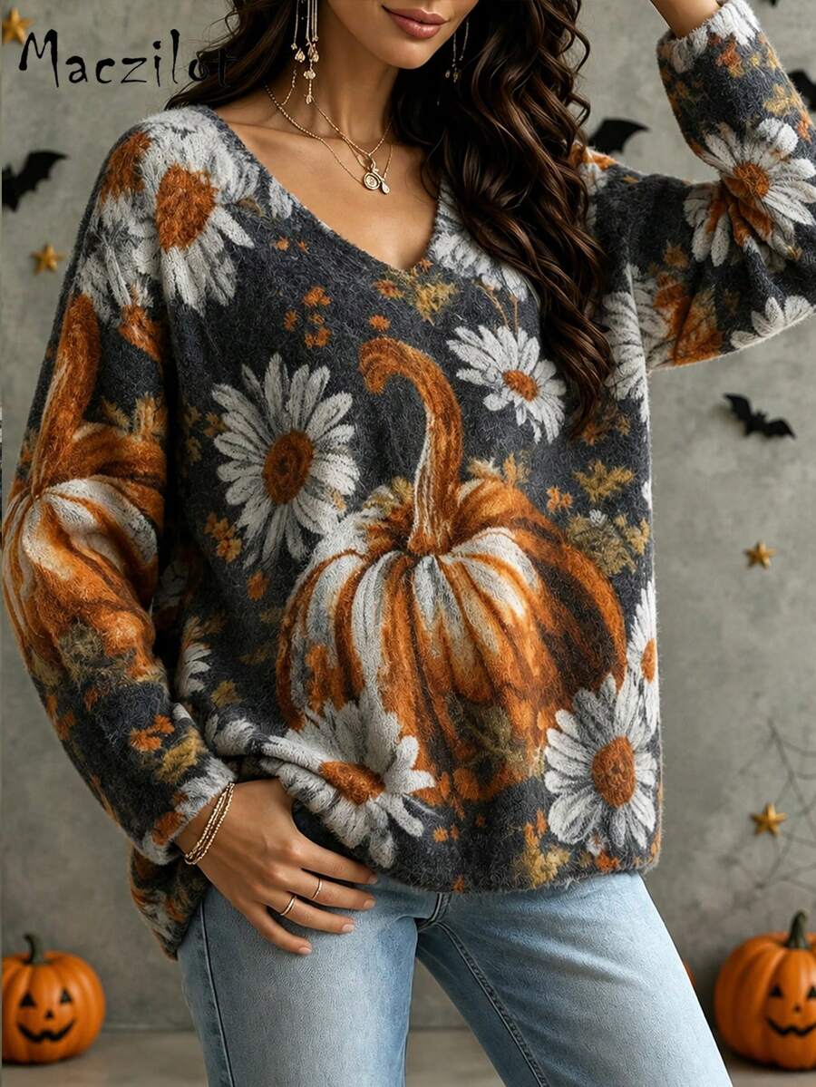 Plus Size Autumn/Winter 3D All-Over Print Halloween Commuter Sweater, Loose Fit Flattering V-Neck Long Sleeve Knit Pullover Top - Color - View 1