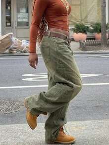 Y2K Retro Loose Straight Leg Jeans, Fashionable Casual Pants For Autumn/Winter - Dark Green - View 5