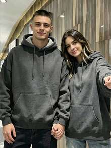 Autumn Winter Unisex Fleece Hoodie With White Racing Car Print On Red Circle Background And Japanese Text, Y2K - Dark Heather Grey - View 4