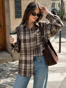 Women's Brushed Plaid Button Front Pocket Casual Shirt Spring - Brown - View 1