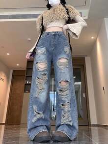 Celana Jeans Denim Rusak, Potongan Longgar, Kaki Lebar, Panjang Hingga Lantai - Medium Wash - View 7