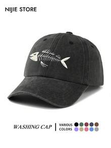 1pc Skull Fishbone Collector Baseball Cap, Lightweight Comfortable Adjustable Sun Protection Multifunctional Baseball Cap, Vintage Washed Cap, Unisex Baseball Cap, Suitable For Daily Wear, Commuting, Outdoor Activities, Fishing And More - A - View 2