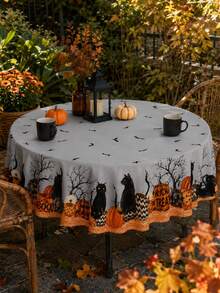 1pc Vintage Black Cat Pumpkin Halloween Polyester Tablecloth, Bat, Bare Tree And Pumpkin Border Print Gothic Rectangular Table Cover For Halloween Party, Haunted House And Home Decor - Multicolor - View 3