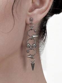 2pcs Women's Silver Stainless Steel Waterproof Fade-Resistant Hypoallergenic Spiked Stud Beaded Hoop Punk Earrings, Suitable For Rock Music Lovers, Gift, Daily Wear, Dating, Cool Style - Silver - View 2