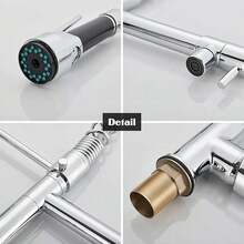 MB Llave de cocina, monomando de aleación de cromo pulido, boca de salida de arco alto, doble salida de agua, cuello flexible con resorte giratorio de 360°, manguera extensible con retracción automática y manguera de agua trenzada con marcas en rojo y azul - Galvanizado - Ver 3