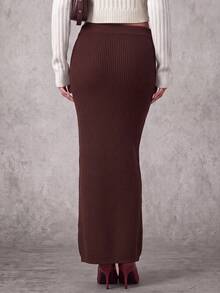 Nicenter Women's Autumn Burgundy Elegant High Waist Ribbed Knit Midi Pencil Skirt, Daily Commute Office Wear - Burgundy - View 8