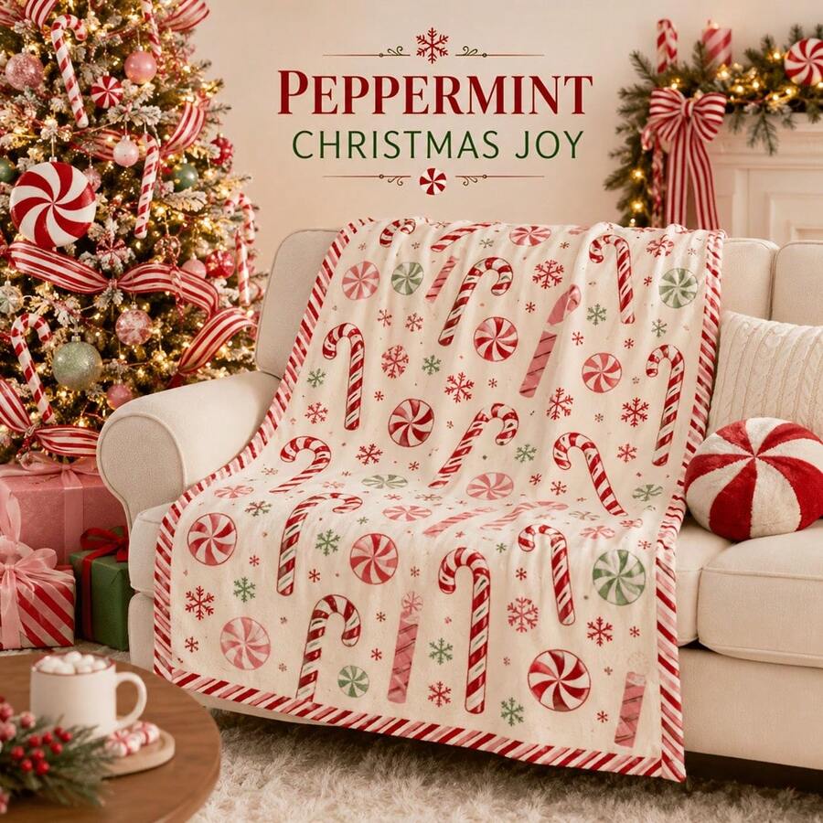 1 Buah Selimut Motif Permen Tongkat Peppermint dan Kepingan Salju, Selimut Dekorasi Liburan Natal Merah Putih Retro untuk Sofa dan Kamar Tidur - MultiWarna - View 1