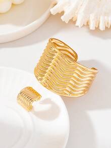 1 Set/2 Pcs Exaggerated Fashion Elegant Design Metal Geometric Wave Stripe Open Adjustable Bracelet + Ring Women Jewelry Set, Suitable For Daily Versatile Wear - Yellow Gold - View 5