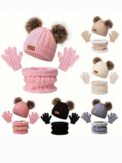 3pcs Winter 3-12Y Kids Scarf & Hat Set, Pom Pom Baby Infant Knitted Hat, Warm Woolen Thickened Fleece Neck Warmer