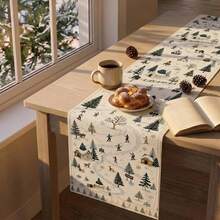 1pc Winter Skiing Christmas Table Runner, Mountain Village Theme, Pattern Includes Skiers, Cable Cars, Snowy Cottages, Pine Trees And Forest Animals, Suitable For Winter Christmas Decoration - Multicolor - View 5