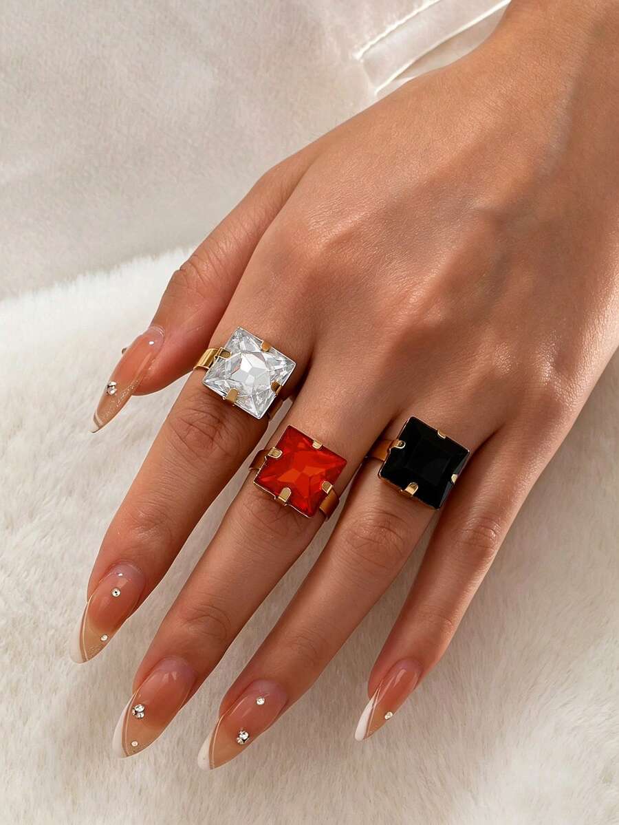 3件組優雅復古奢華紅色水鑽鑲嵌女款戒指套組，適合禮物、派對、日常配戴 - 方形多色 - 查看 1