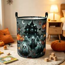 1PC Halloween Decorative Storage Basket, Spooky Ghost Haunted House Pumpkin Bat Spider Web Moon Floral Print Organizer Bin, Multi‑Functional For Clothes Sundries Storage, Home Decor / Fall Decor / Room Decor - Multicolor - View 5