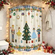 1pc Christmas Tree Pattern Printed Shower Curtain, Abstract Vintage Polyester Fabric Shower Curtain, With 12 Hooks, Suitable For Bathroom Or Bathtub Decoration - Multicolor - View 6