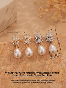 1 par de pendientes elegantes con perla y circonita cúbica chapados en oro en forma de lágrima - Adecuados para uso diario, banquetes, fiestas, bodas - Pendientes de perla para novia - Multicolor No. 3 - Ver 6
