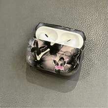 Cool Black & Gray Gradient Pink Purple Butterfly Earphone Protective Case, Wavy Edge Soft Shell, Black & Gray Misty Ink Gradient Background With Multiple Pink Purple Gradient Butterflies, Paired With Simple English Text, Sweet & Cool Vibe. Side Equipped With Black Round Hanging Ring, Can Add Hanging Rope Accessories, Convenient For Carrying And Storing Earphones When Going Out. - Black - View 4