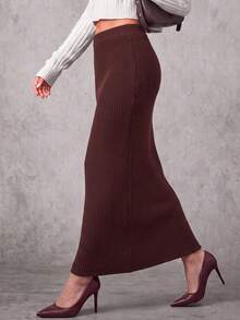 Nicenter Women's Autumn Burgundy Elegant High Waist Ribbed Knit Midi Pencil Skirt, Daily Commute Office Wear - Burgundy - View 7
