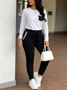 Spring/Autumn Women's New Fashion Casual 2 Pieces Set, Contrast Color Long Sleeve Top With Drawstring Hem Pants, Spring Holiday Outfit - White - View 3