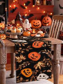 1pc Fall Halloween Pumpkin Linen Table Runner, Rustic Nature Rectangular Table Decor With Pumpkin, Autumn Leaves And Dark Background Print, Seasonal Tabletop Decoration For Kitchen And Home - Multicolor - View 10