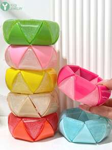Y2K Dopamine Style Stretchable Resin Wide Bracelet, Geometric Triangle Patchwork Glitter Contrast Color Macaron Candy Tone Elastic Bangle, Casual Party Layered Decorative Hand Accessory For Girls - Multicolor - View 1