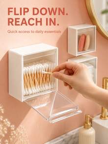 4pcs Set (2 Storage Boxes + 2 Adhesive Pads) Cotton Pad Storage Box, Large Capacity No-Drill Wall-Mounted Flip Cover Storage Box, Plastic Bathroom Shelf, Transparent Flip Cover Wall-Mounted Storage Box, Bathroom Vanity Small Item Storage Box, Cotton Swab Box - Multicolor - View 6