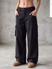 Knot & Curve Women's Cargo Pants, All-Season Wear, Semi-Elastic Waist, Large Patch Pockets With Rivet Button Decor, Loose Drape Casual Wide Leg Pants - Black - View 3