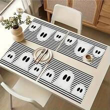 1/4/6pcs Halloween Series Black & White Striped Minimalist Ghost Pattern Printed Placemats, Heat-Resistant Table Mats For Home Kitchen, Table Protection, Kitchen Dining Table, Party Scene Decoration - Multicolor - View 8