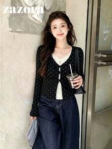 Kaos Lengan Panjang Leher Persegi 2-in-1 Motif Polkadot Kuning Bahan Sutra, Atasan Slim Fit Gaya Korea, Cocok untuk Awal Musim Gugur - Hitam - View 4