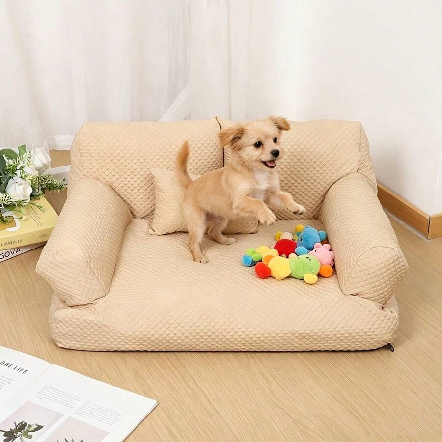 1pc Extra Large Dog Bed Sofa, Dog Bed, Dog Mat, Cat Bed, Large Dog Bed, Non-Slip Bottom Design, Detachable And Easy To Clean, Diagonal Plaid Design Simple And Versatile, Soft Lining Filling, Suitable For Various Dog Breeds And Small Cats, Multiple Sizes Available, Providing Pets With A Comfortable Sleeping Space, Suitable For Indoor Use - Beige - View 1