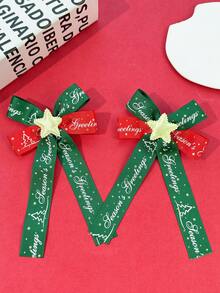 2pcs Holiday Atmosphere Bow Hair Clips, Christmas English Print Woven Ribbon, Christmas Tree Pattern, 3D Pentagram Decoration, Long Draping Ribbon, For Outing, Photography, Back Of Head Hair Styling And Fixing - Multicolor - View 8