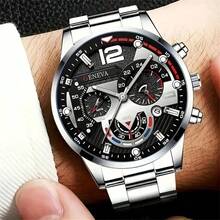 4pcs Men's Luxury Quartz Watch And Bracelet, Cross Necklace Ring Set, Classic Round Dial Design, Fashion Business Style, Perfect Gift For Various Occasions (Box Not Included) - Black - View 5
