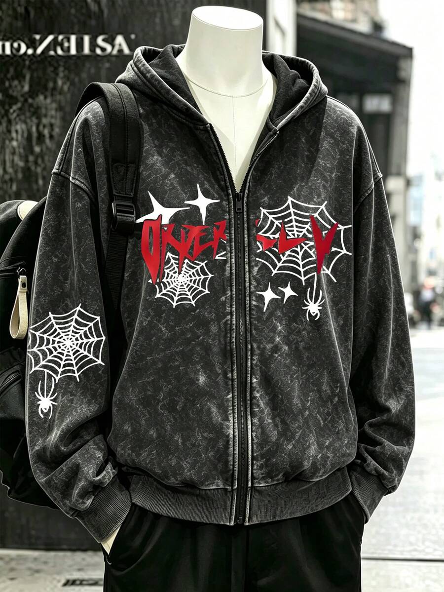 [Smple]Men's Retro Distressed Texture Washed Zip-Up Hooded Sweatshirt, Machine Washable Fabric, Printed Sweatshirt, Autumn/Winter Apparel - Black - View 1