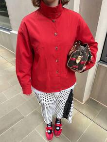 Autumn/Winter Red Stand Collar Loose Casual Jacket, Urban Commute Style, Office, Date, Home Wear Top - Red - View 8