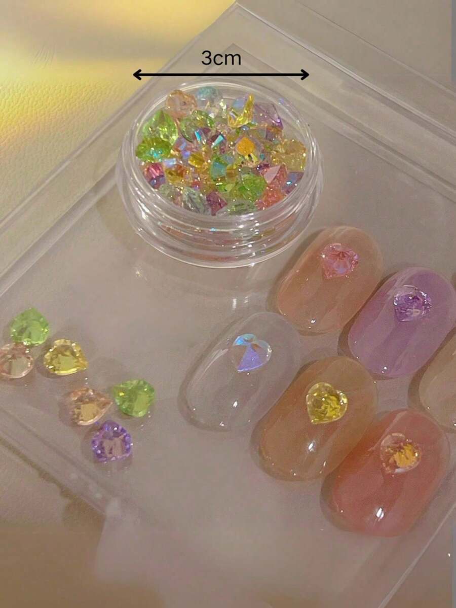 1box/2boxes Fall, Autumn, Fall Nails Random Assortment Holographic Heart-Shaped Pointed Rhinestone Nail Art Decorations, Multi-Color Faceted High-Shine Heart Rhinestones, Exquisite Beautiful Nail Decor, Same Style As Nail Salon Accessories, Sweet & Spicy Dreamy Atmosphere Nail DIY Creative Materials - Multicolor - View 1